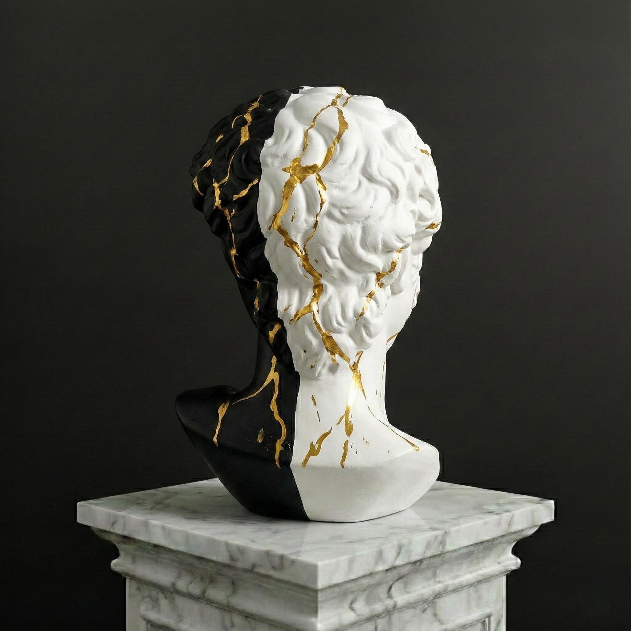 Kintsugi Roman Kintsugi David Bust Resin Sculpture, Black & White Roman Statue Head ...