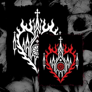 May include: Two square fabric patches featuring a gothic cathedral design shaped like a heart. One patch displays a white graphic on a black background, while the other features a white cathedral structure surrounded by red flames on a black background.