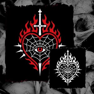 May include: A square fabric patch featuring a central heart shape filled with a spiderweb pattern and a single eye. The heart is surrounded by red flames and pierced by a white sword. A smaller, monochromatic white version of the same design is shown.