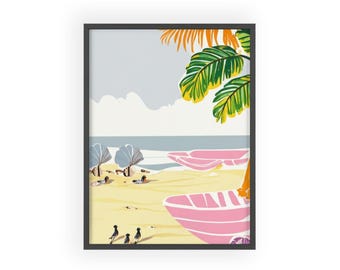 Arte de parede com estampa de pôr do sol em palmeiras e praia tropical para decoração de casas com estilo costeiro.