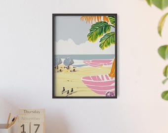 Tropical Beach Wall Art Palm Tree Sunset Print for Coastal Home Decor