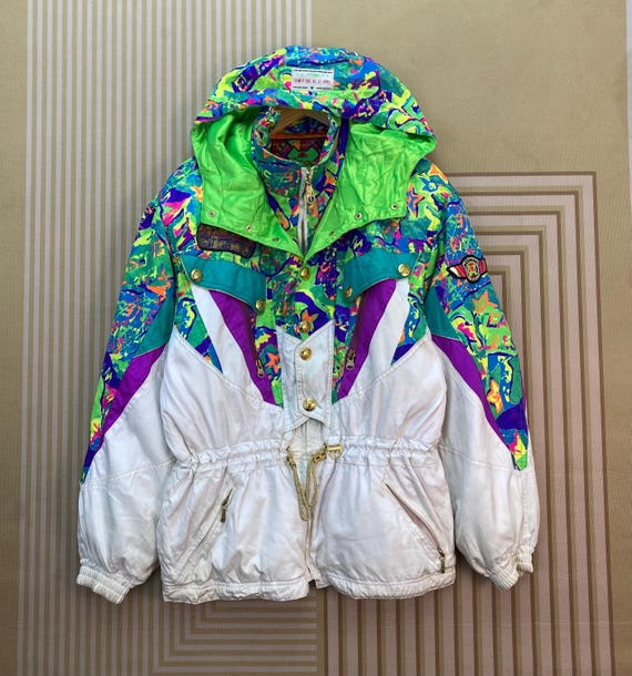 Vintage Ellesse 80s 90s Ski Jacket, Neon Geometric Puffer Coat