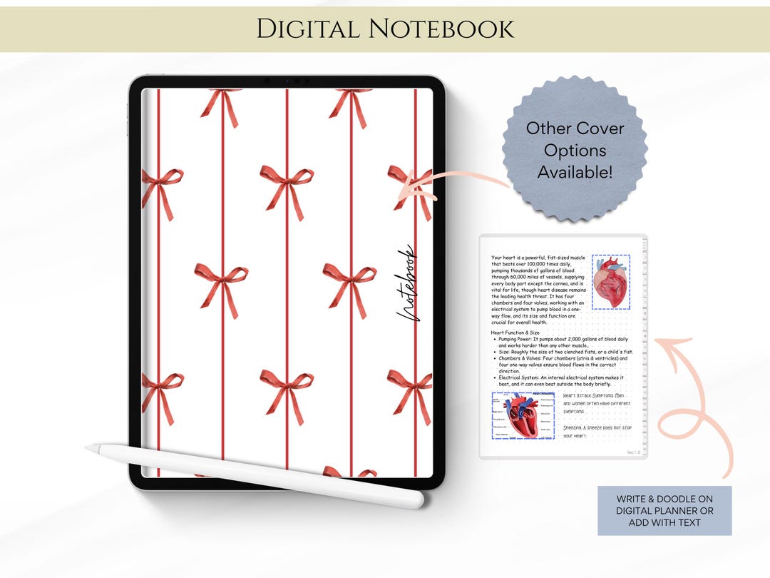 Red Bows Digital Notebook: Student Notes, Goodnotes, Notability, Study ...
