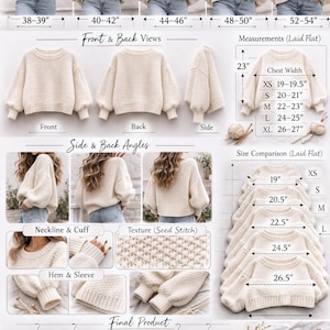 May include: Cream-colored knit sweater in sizes XS to XL, with front, back, and side views displayed. Measurements are provided, including chest width from 19 to 27 inches. Features include a seed stitch texture, neckline, cuff, and hem details.