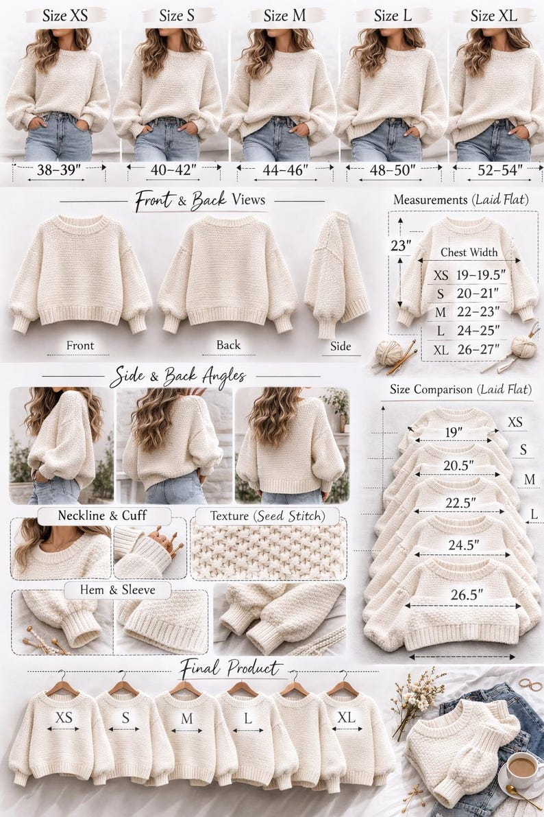 May include: Cream-colored knit sweater in sizes XS to XL, with front, back, and side views displayed. Measurements are provided, including chest width from 19 to 27 inches. Features include a seed stitch texture, neckline, cuff, and hem details.