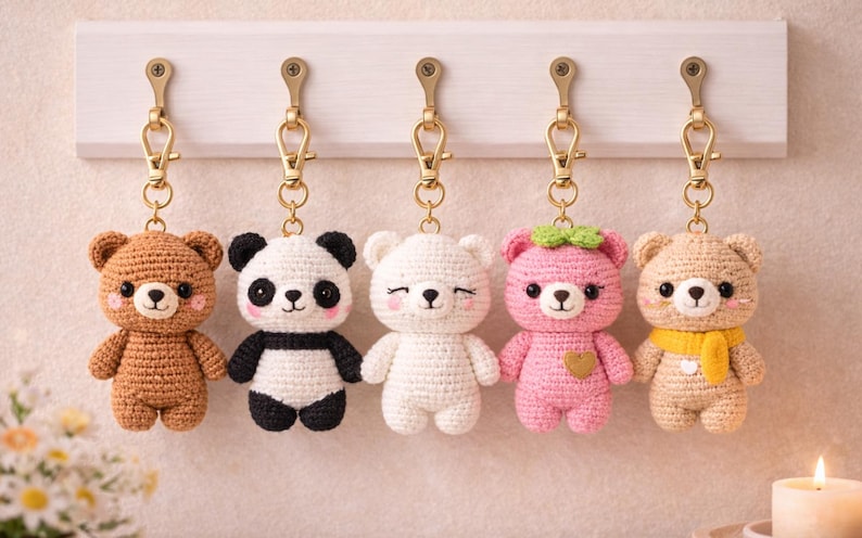 May include: Five handmade crochet bear keychains in brown, panda, white, pink, and tan. Each bear has a gold-colored clasp and is hanging from a white wooden board. The pink bear has a green bow and a heart.