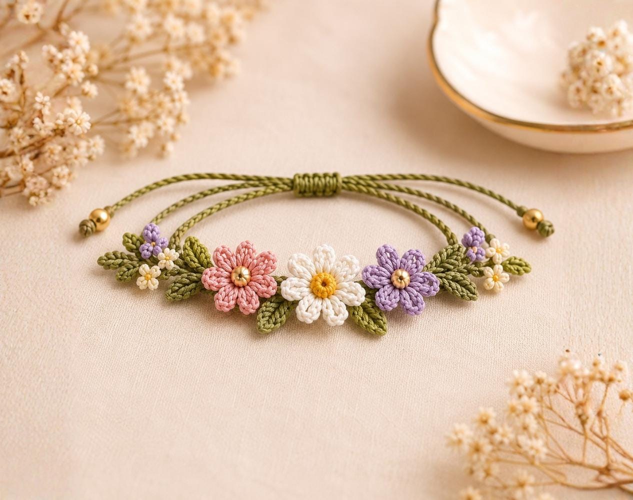 30 Beaded Crochet Patterns to Add Sparkle, Texture, and Giftable Charm 18 Wildflower Bead Crochet Bracelet Pattern