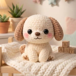 Puede incluir: Muñeca de cachorro de ganchillo hecha a mano con hilo color crema y detalles marrones. El cachorro tiene ojos negros grandes, mejillas rosadas y está sentado sobre una manta de punto color crema. Bloques de madera deletrean "ABY".