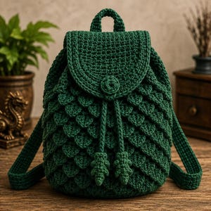 May include: A dark green crochet backpack featuring a textured scale-like pattern on the main body, a top flap with a central circular button closure, and two drawstring cords ending in leaf-shaped tassels, complete with two shoulder straps.