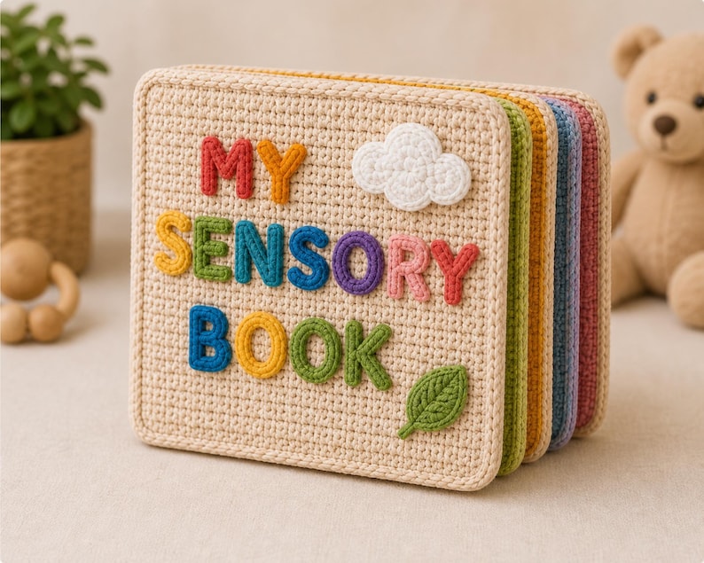 May include: A crocheted sensory book with the words "MY SENSORY BOOK" in colorful letters. The book has a beige cover with a white cloud and green leaf embellishments. The pages are in various colors.