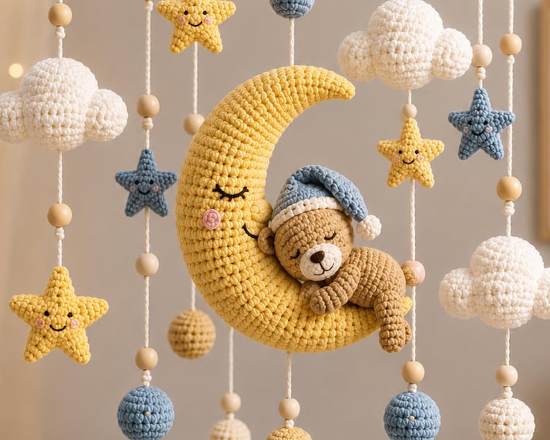May include: A handmade crochet baby mobile featuring a yellow crescent moon with a sleeping teddy bear wearing a blue cap. The mobile includes yellow stars, white clouds, blue stars, and wooden beads, all suspended by white string.