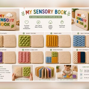 May include: A handmade sensory book with the text "MY SENSORY BOOK" on the cover. The book features eight unique textures to explore, including soft & fluffy, bumpy, ribbed, and wavy textures. The book is designed for babies and toddlers.