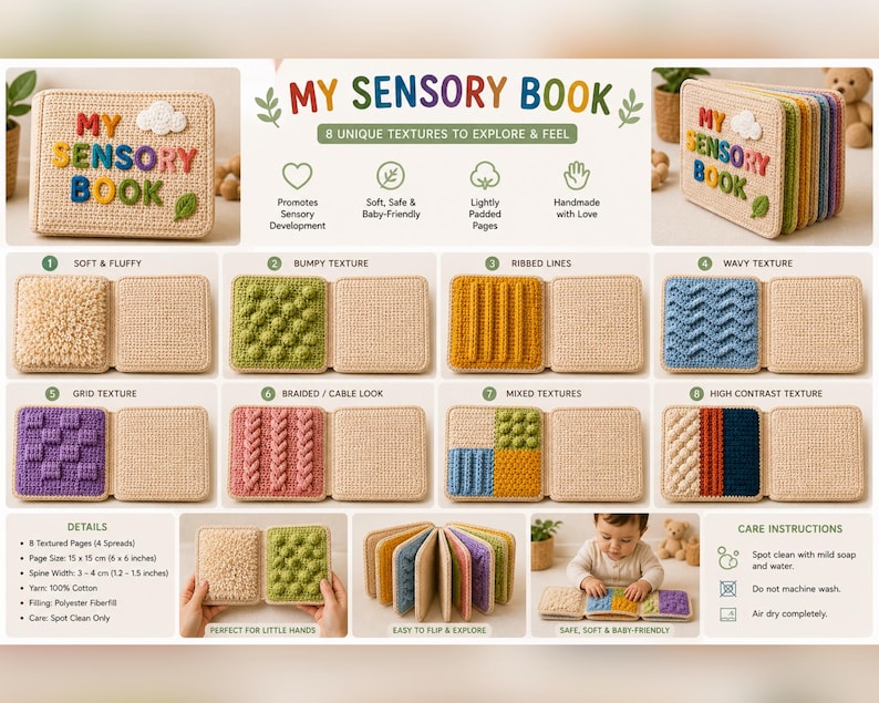 May include: A handmade sensory book with the text "MY SENSORY BOOK" on the cover. The book features eight unique textures to explore, including soft & fluffy, bumpy, ribbed, and wavy textures. The book is designed for babies and toddlers.