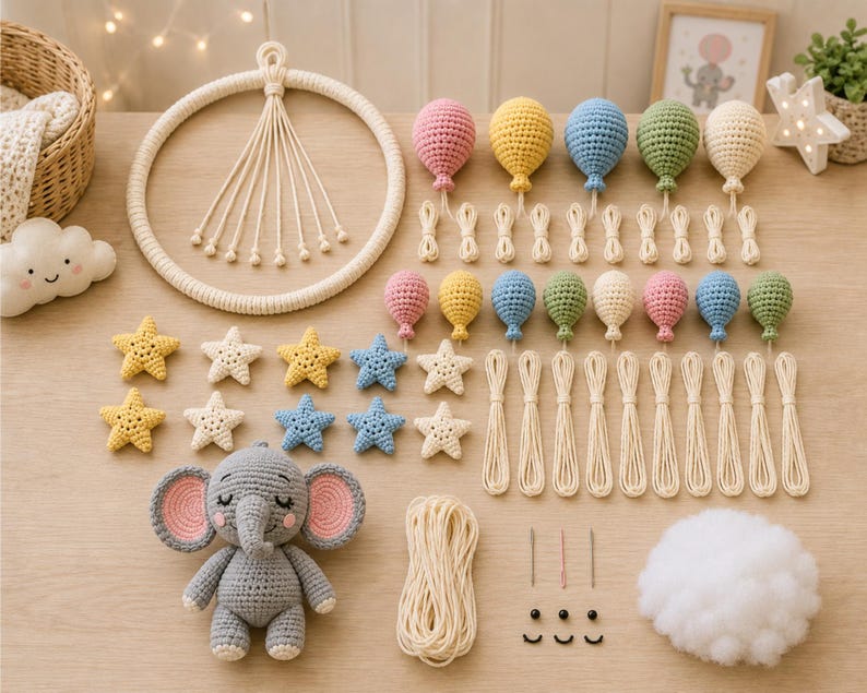May include: A collection of handmade crochet items, including a gray elephant, colorful balloons, star shapes, and a circular wall hanging. The items are arranged on a light wooden surface, suggesting a nursery or children's room theme.