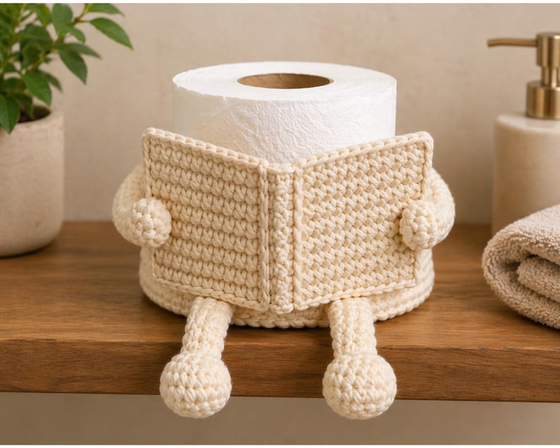 May include: A cream-colored, crocheted toilet paper holder shaped like a person reading a book. The toilet paper roll is the head, with the crocheted book forming the body and arms. The legs are also crocheted.