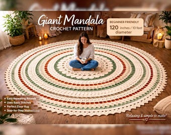 Patrón de ganchillo de mandala gigante / Decoración de suelo estilo boho, tutorial para alfombra redonda (instrucciones digitales)