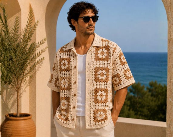 Mens Crochet Shirt Pattern - Granny Square Shirt, Crochet Shirt PDF, Beginner Crochet, Menswear, Mesh, Mens Crochet Pattern, Crochet Shirt