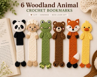 May include: Six crochet bookmarks featuring woodland animal designs: a panda, sheep, frog, bear, fox, and duck. The text 6 Woodland Animal CROCHET BOOKMARKS is displayed above the items. Each bookmark has a flat, elongated body with animal head details.