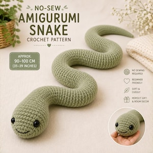 May include: A sage green crocheted amigurumi snake with black safety eyes and a stitched smile. The text reads NO-SEW AMIGURUMI SNAKE CROCHET PATTERN and APPROX. 90-100 CM (35-39 INCHES). A circular inset shows the snake head held in a hand.
