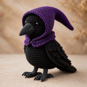 May include: A black crocheted crow figurine featuring a pointed purple hood with a textured stitch pattern. The bird has large black glossy eyes, a dark beak, and detailed feet. The hood is secured at the neck with a small dark button detail.