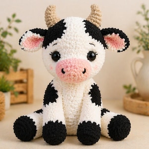 Può includere: Un peluche di mucca all'uncinetto fatto a mano con un motivo bianco e nero. La mucca ha zoccoli, corna e macchie nere, con naso e orecchie interne rosa. Il peluche ha grandi occhi neri ed è seduto.