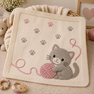 May include: A square cream-coloured knit blanket featuring a grey cat appliqué playing with a pink yarn ball. The blanket is decorated with small embroidered grey and pink paw prints and a pink yarn trail. It has a textured border.