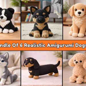 Könnte beinhalten: Eine Sammlung von sechs realistischen Amigurumi-Hundefiguren. Die gehäkelten Hunde umfassen einen schwarz-weißen Border Collie, einen schwarz-braunen Deutschen Schäferhund, einen beigefarbenen Golden Retriever, einen grau-weißen Husky, einen schwarz-braunen Dackel und einen beigefarbenen Pudel.