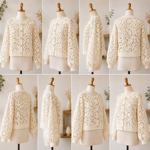 May include: Cream-colored, open-weave crochet cardigan with long, slightly puffed sleeves. The button-down sweater features a round neckline and wooden buttons. The garment is displayed on a mannequin, showcasing the intricate floral pattern of the crochet.
