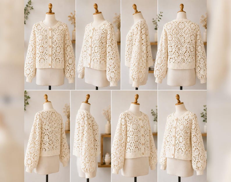 May include: Cream-colored, open-weave crochet cardigan with long, slightly puffed sleeves. The button-down sweater features a round neckline and wooden buttons. The garment is displayed on a mannequin, showcasing the intricate floral pattern of the crochet.