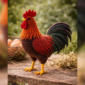 May include: A handcrafted, knitted rooster figurine. The rooster features a red comb and wattle, with a body of brown, orange, and red yarn. The tail is a mix of green and black. The rooster stands on yellow legs.
