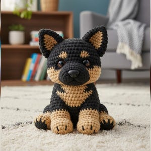 Può includere: Un cane all'uncinetto fatto a mano in nero e marrone chiaro. Il cucciolo amigurumi ha un naso nero, grandi occhi e zampe marrone chiaro. Il cane è seduto su un tappeto bianco con un motivo. Lo sfondo include una libreria e una poltrona grigia.