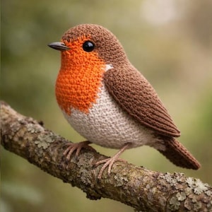 Puede incluir: Un detallado petirrojo de ganchillo, con cabeza y alas marrones, pecho naranja brillante y vientre blanco. El pájaro está posado en una rama texturizada. El fondo es verde suave. La artesanía resalta las características realistas del ave.