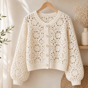 May include: Cream-colored, open-weave crochet cardigan with a round neckline and long, puffy sleeves. The cardigan has a button-up front with five round buttons. It hangs on a wooden hanger against a neutral background, suggesting a cozy, handmade aesthetic.