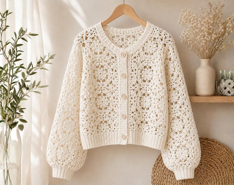 May include: Cream-colored, open-weave crochet cardigan with a round neckline and long, puffy sleeves. The cardigan has a button-up front with five round buttons. It hangs on a wooden hanger against a neutral background, suggesting a cozy, handmade aesthetic.