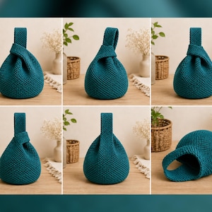 May include: A teal-colored knitted handbag with a knotted handle. The bag has a rounded body and a rectangular handle. The bag is displayed in multiple views, showcasing its shape and texture. The background includes decorative elements.