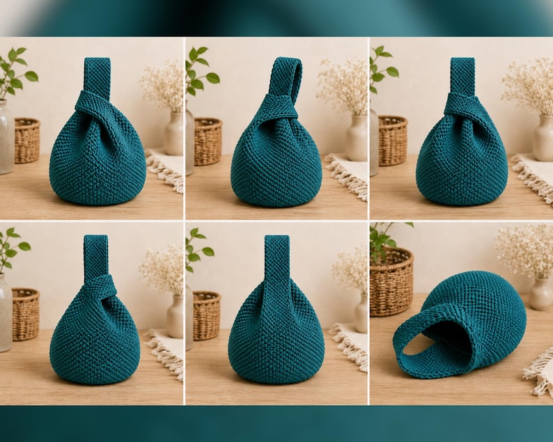May include: A teal-colored knitted handbag with a knotted handle. The bag has a rounded body and a rectangular handle. The bag is displayed in multiple views, showcasing its shape and texture. The background includes decorative elements.
