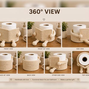 May include: A beige crocheted toilet paper holder in various views. The holder is designed to look like a character with arms, legs, and a book-like cover. The holder is handmade and designed for bathroom decor.
