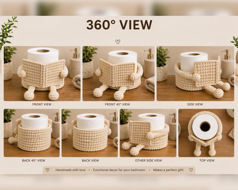 May include: A beige crocheted toilet paper holder in various views. The holder is designed to look like a character with arms, legs, and a book-like cover. The holder is handmade and designed for bathroom decor.