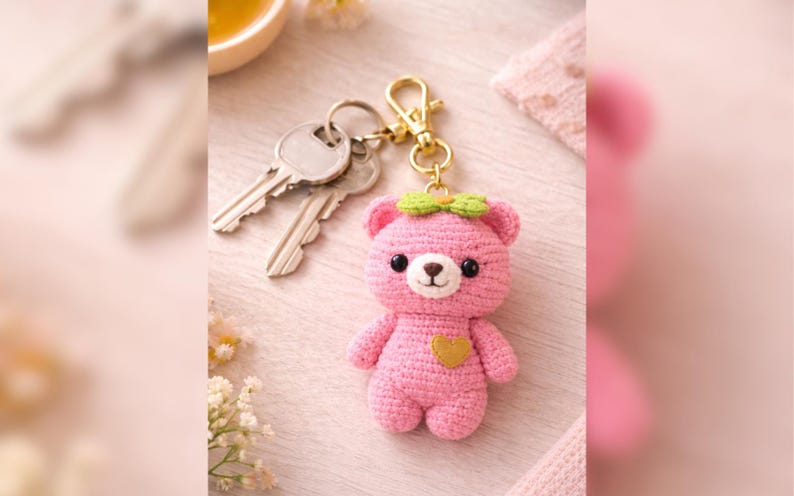 May include: A pink crocheted bear keychain with a gold-colored heart and a green bow. The bear has black eyes and a brown nose. Two keys are attached to the keychain. The background is a soft pink.