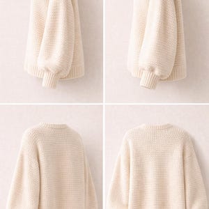 May include: Cream-colored knit sweater with a round neck and long, voluminous sleeves. The sweater has ribbed cuffs and hem. The knitwear is thick and textured, suitable for cooler weather. The sweater is displayed from multiple angles.