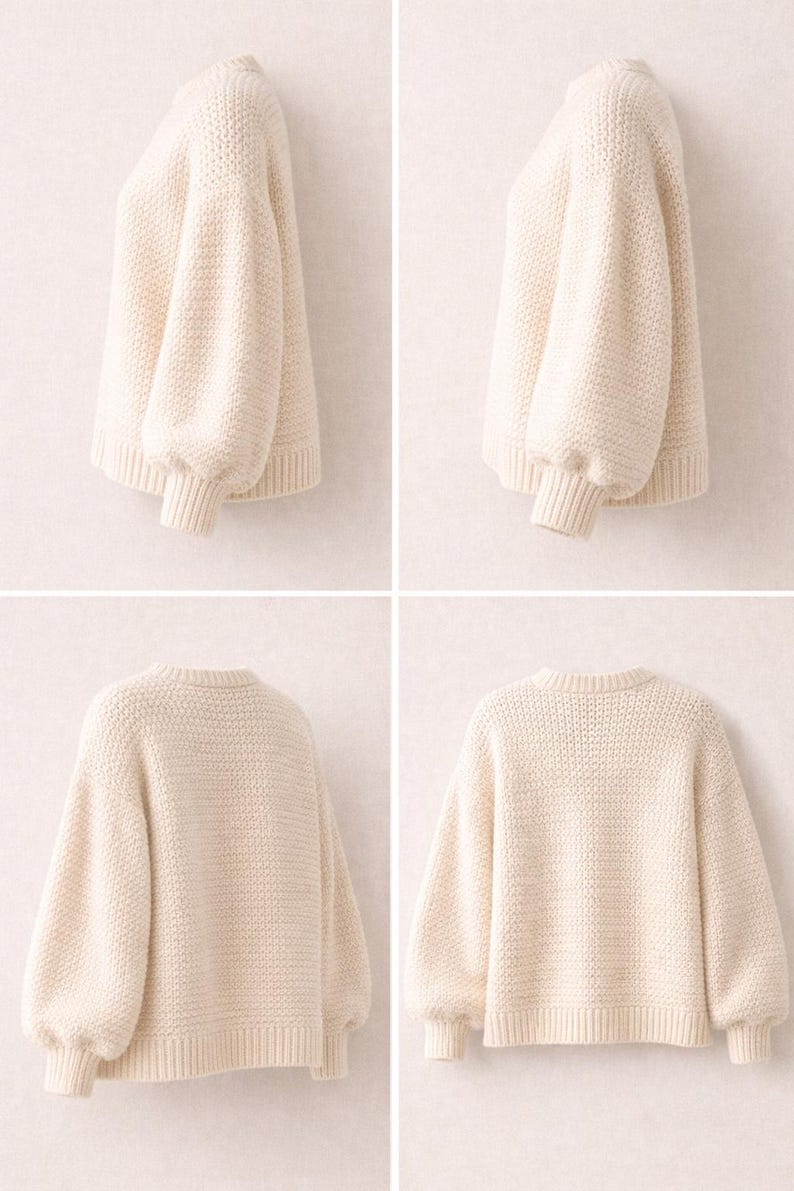 May include: Cream-colored knit sweater with a round neck and long, voluminous sleeves. The sweater has ribbed cuffs and hem. The knitwear is thick and textured, suitable for cooler weather. The sweater is displayed from multiple angles.