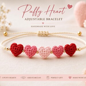 Crochet Heart Bracelet - Bracelet Pattern, Cute Bracelet, Crochet Hearts, Crochet Bracelet, Heart Bracelet, Crochet Jewelry, Adjustable Band