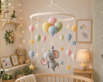 Haakpatroon baby mobiel - mobiel baby, mobiel kinderkamer, gehaakte ster, gehaakte ballon, wieg mobiel, kinderkamerdecoratie, amigurumi-olifant