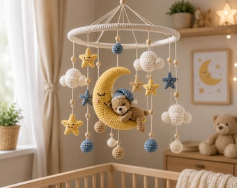 Schema per giostrina per neonati all'uncinetto - Giostrina per neonati, Giostrina per cameretta, Nuvola all'uncinetto, Luna all'uncinetto, Giostrina per culla, Decorazione per cameretta, Orsetto amigurumi
