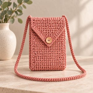 Può includere: Una borsa a tracolla all'uncinetto color rosa polvere con corpo rettangolare e patta triangolare. La borsa è chiusa da un singolo bottone rotondo in legno chiaro al centro. Include una lunga tracolla abbinata realizzata all'uncinetto.