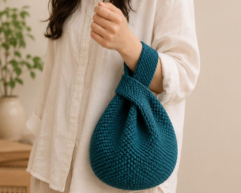 May include: Teal-colored knitted bag with a knotted handle. The bag has a rounded shape and a textured surface. The handle is wide and appears to be made of the same material as the bag. The bag is held by a person wearing a white shirt.