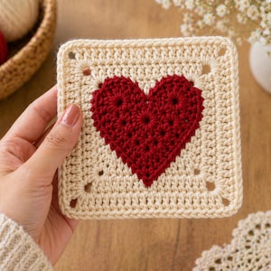 Op de afbeelding: Een crèmekleurig, vierkant gehaakt stuk met een groot, rood hart in het midden. Het handgemaakte item heeft een textuur en wordt door een persoon vastgehouden. De achtergrond bevat garenballen, bloemen en een houten oppervlak.