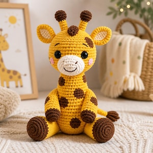 May include: A handmade crochet giraffe toy in yellow with brown spots, ears, and hooves. The giraffe has a white muzzle, pink cheeks, and black eyes. A framed picture of a giraffe is in the background.