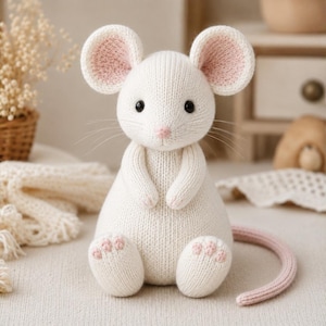 May include: A knitted stuffed mouse toy in cream white with large rounded ears featuring soft pink inner details. The mouse has black bead eyes, a small pink nose, long whiskers, and a long pink tail. Its feet have small pink paw pads.