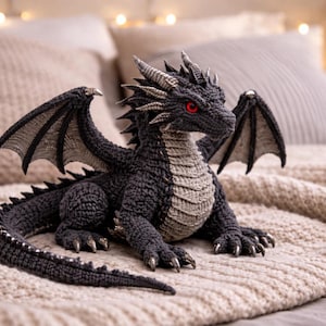 Puede incluir: Figura de dragón de ganchillo gris oscuro, con ojos rojos y alas detalladas. El dragón está posado sobre una manta beige texturizada, resaltando el intrincado trabajo de ganchillo. Un objeto decorativo de temática fantástica.